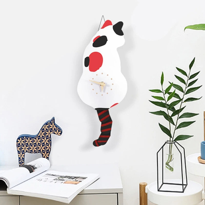 Cute Cat Wall Clock with Swinging Tail for Home Decor