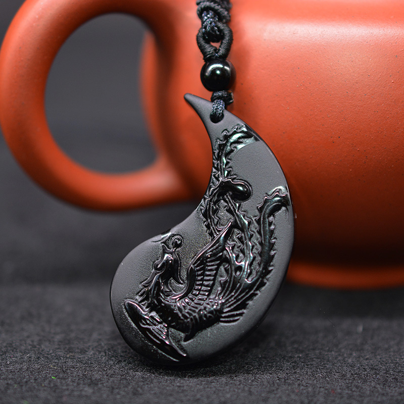 Dragon And Phoenix Yin Yang Obsidian Necklace