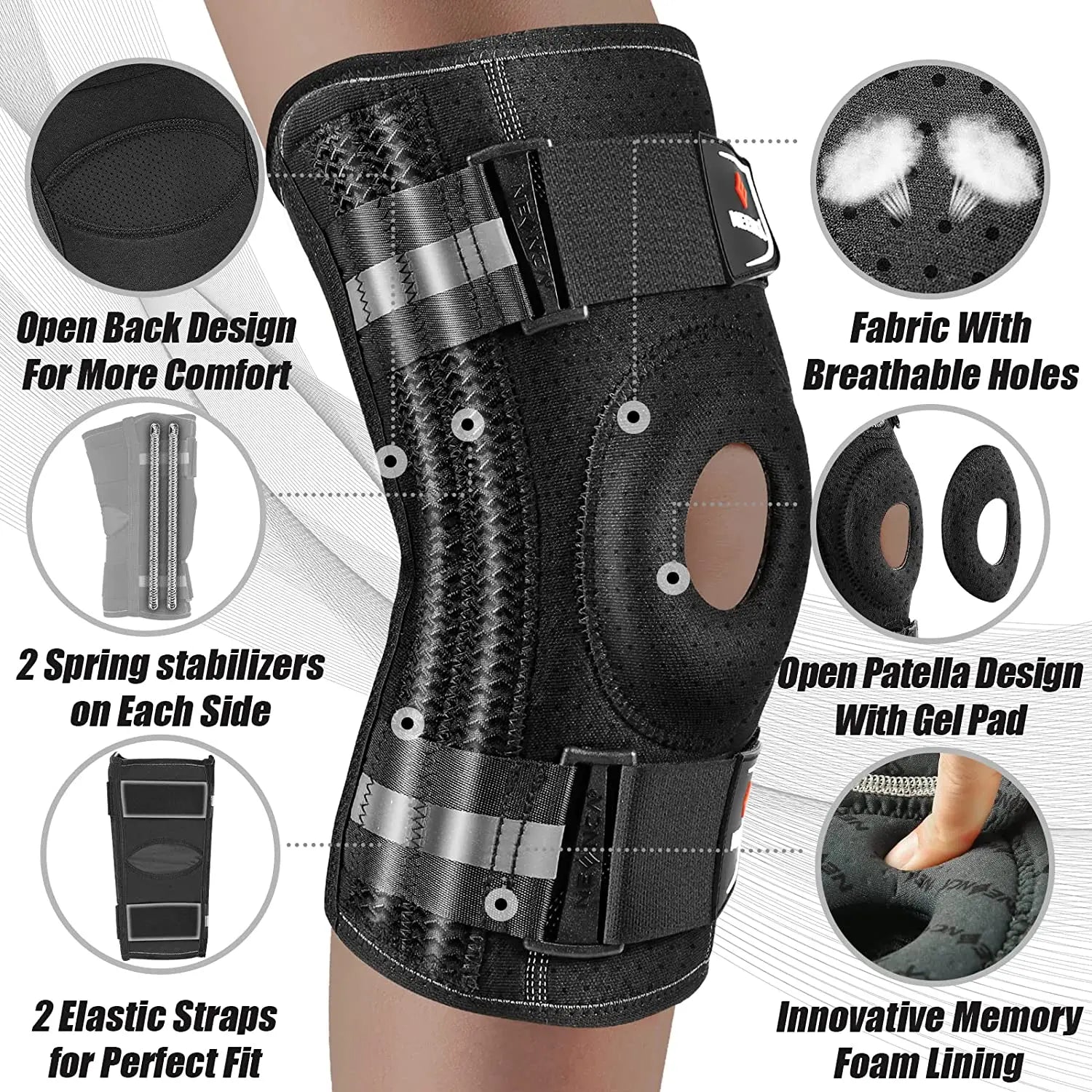 Adjustable Knee Brace Support With Side Stabilizers And Open Patella Design 1005006994760639-S