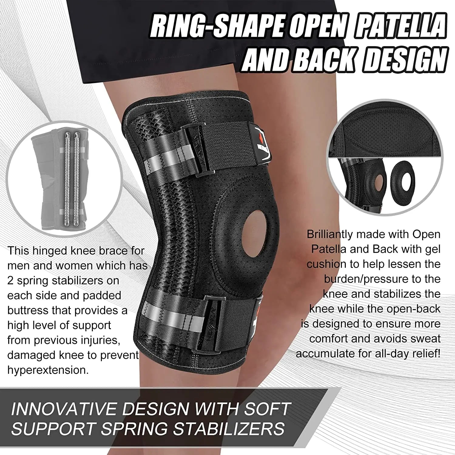 Adjustable Knee Brace Support With Side Stabilizers And Open Patella Design 1005006994760639-S