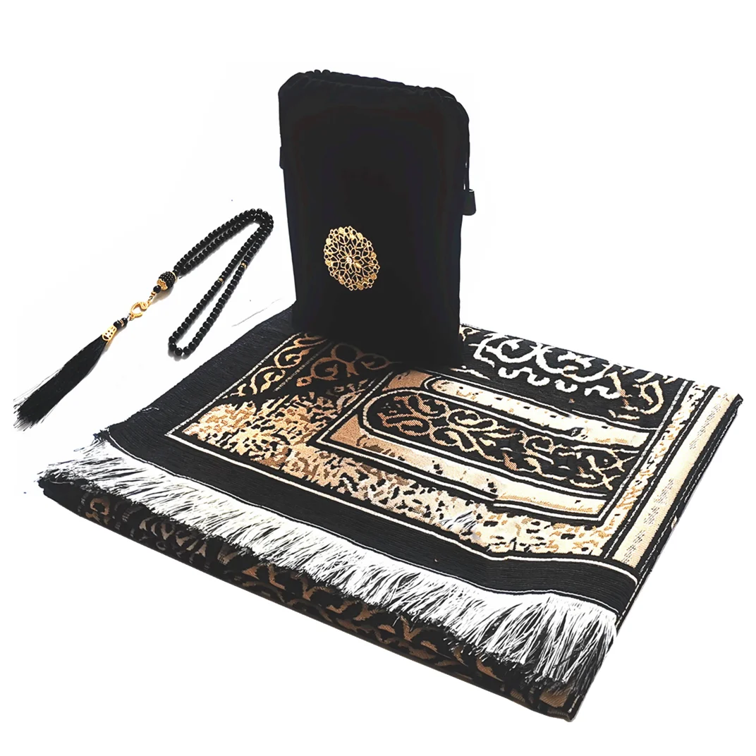 Black Washable Muslim Prayer Rug Set With Bag And Tasbih 1005005468591637-Design A