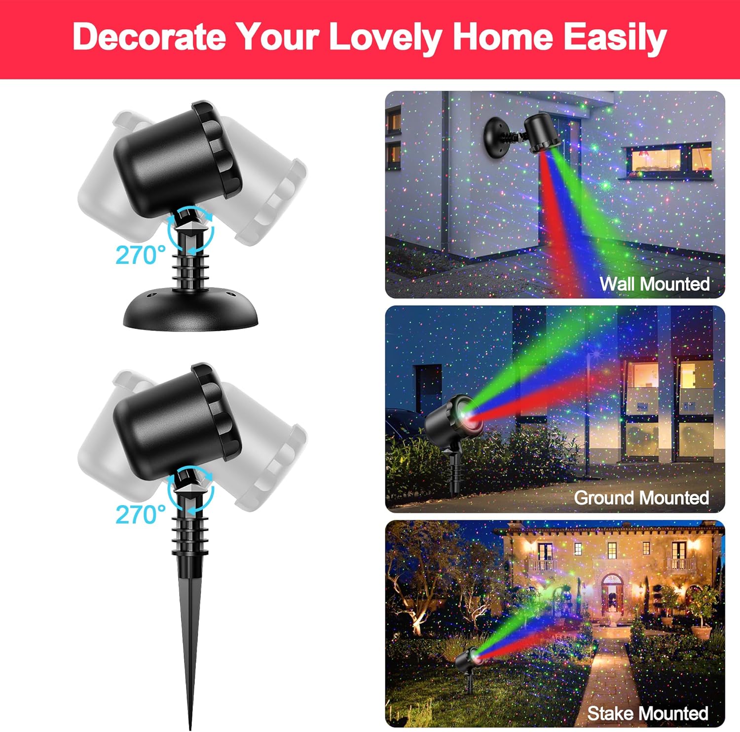 Christmas Laser Lights Outdoor, Upgraded Laser Christmas Projector Lights Outdoor, 3 Color Moving Rgb Holiday Projector Lights Outdoor