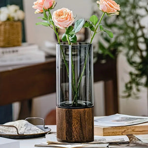Grey Tinted Glass Decorative Vase With Dark Wood Base, Medium 1005008144997097-al