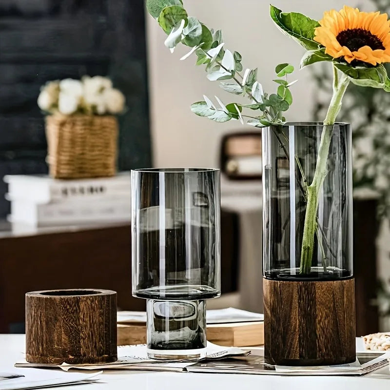 Grey Tinted Glass Decorative Vase With Dark Wood Base, Medium 1005008144997097-al