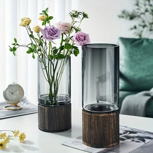 Grey Tinted Glass Decorative Vase With Dark Wood Base, Medium 1005008144997097-al