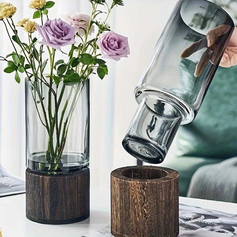 Grey Tinted Glass Decorative Vase With Dark Wood Base, Medium 1005008144997097-al