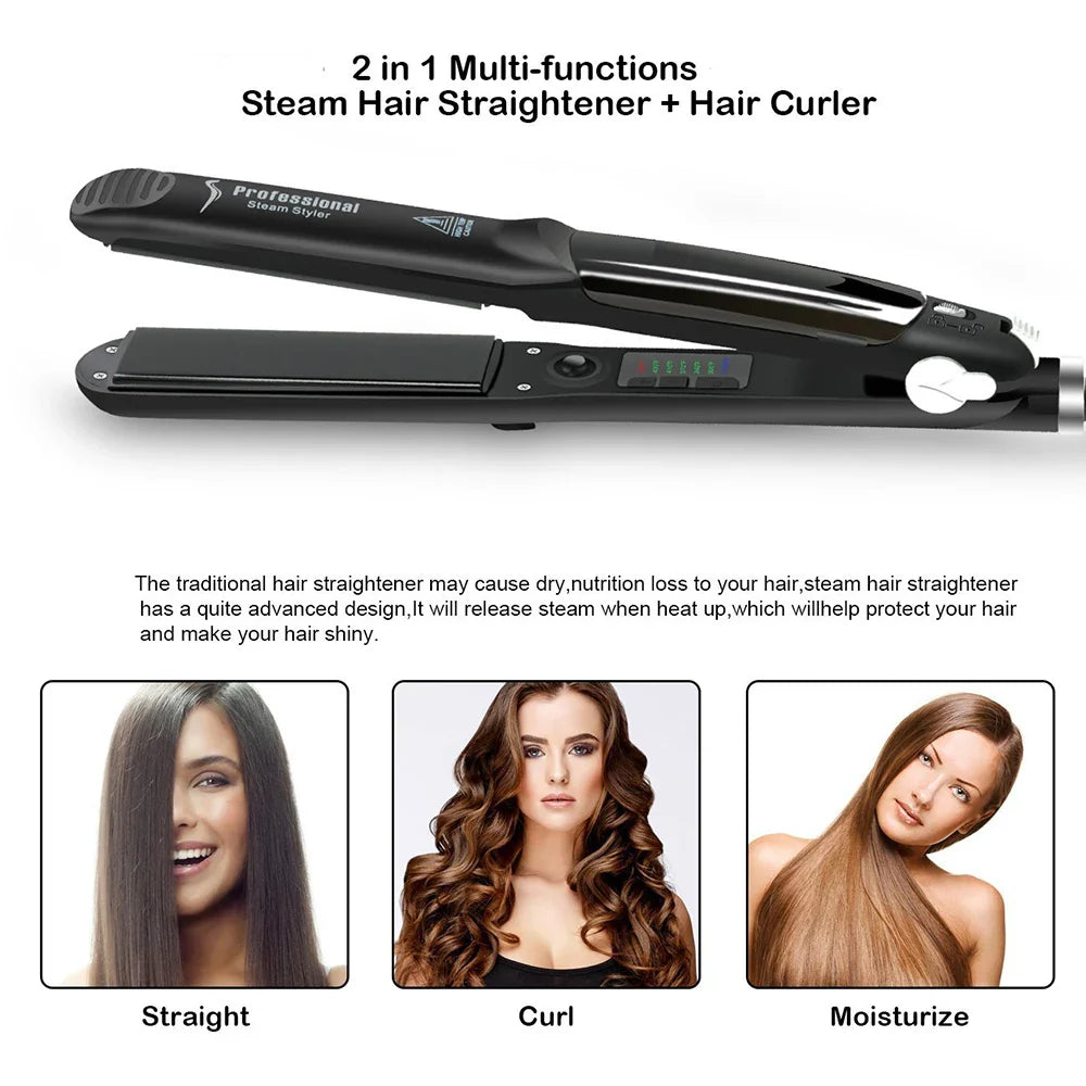 2-in-1 Professional Steam Hair Straightening & Curling Iron