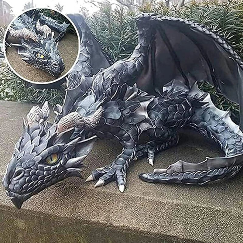 Handmade Resin Squatting Dragon Statue for Garden and Home Decor
