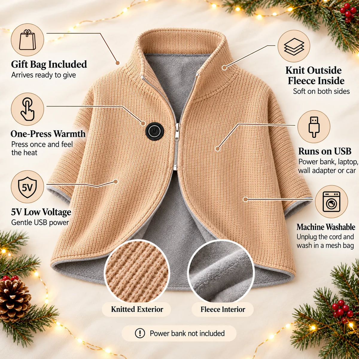 Zip-Up USB Heated Shawl Wrap