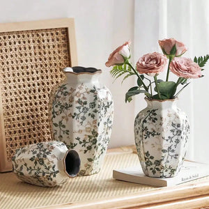 Hexagonal Ceramic Bud Vase With Scalloped Rim Vintage Floral Pattern 1005009013217815-S
