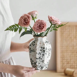 Hexagonal Ceramic Bud Vase With Scalloped Rim Vintage Floral Pattern 1005009013217815-S