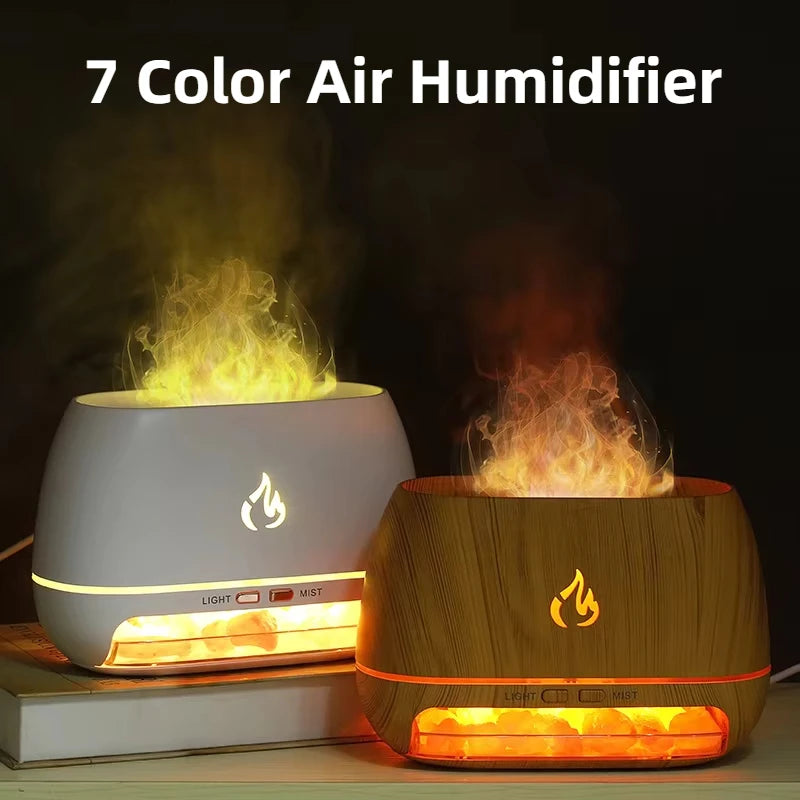 Himalayan Salt Stone Flame Ultrasonic Humidifier Essential Oil Diffuser Night Light 1005008013977530-Wood