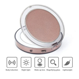 LED Lighted Compact Mirror 3X Magnifying Portable Sensor