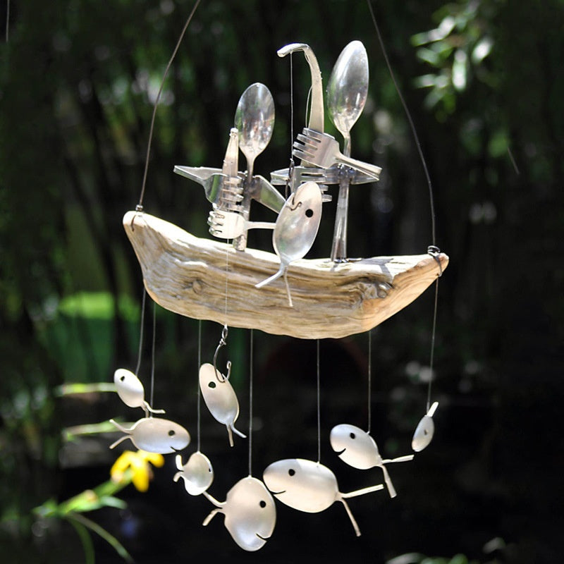 Lovely Fishing Man Spoon Fish Sculpture Wind Chime