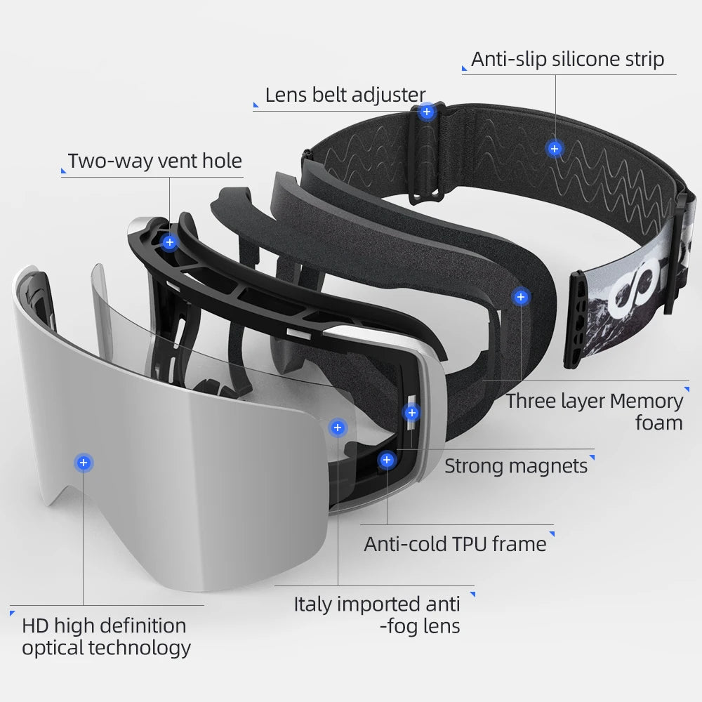 Magnetic Quick Change Double Layer Anti Fog Ski Goggles Set 1005007171669020-Aurora blue set