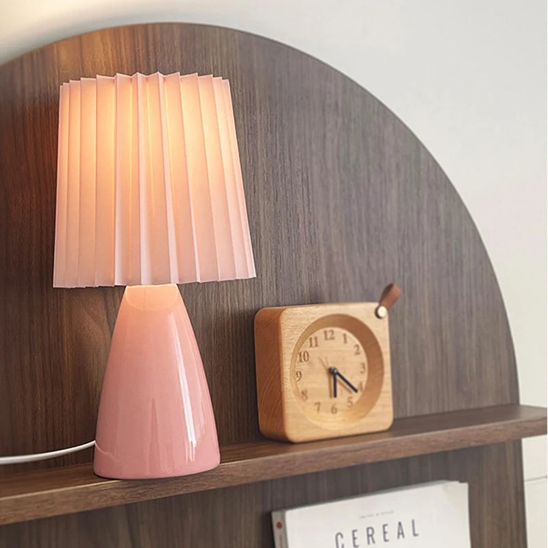 Ceramic Pleated Led Nightstand Lamp, Warm Color, Decorative Interior Lighting, For Living Room
