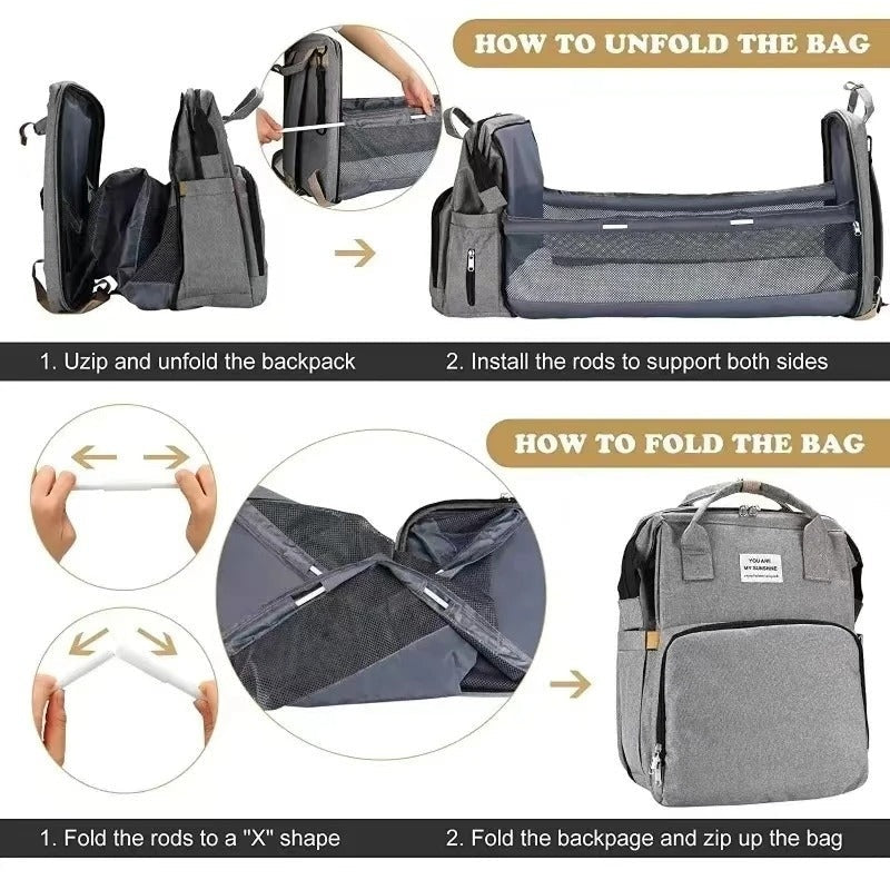 Multifunctional Diaper Backpack with Foldable Changing Bed
