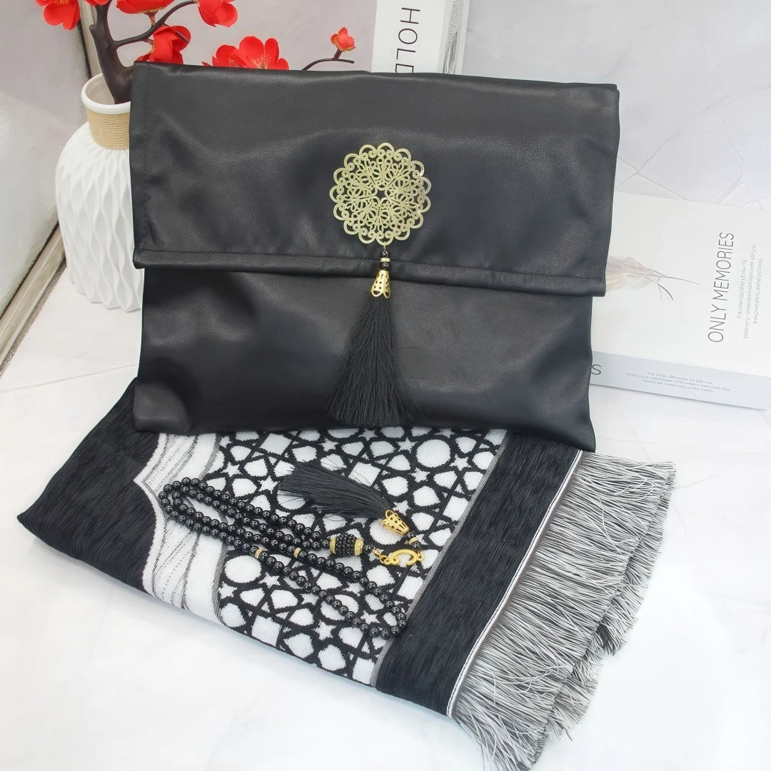 Muslim Prayer Rug Set With Carry Bag And Beads Anti Slip 1005009474721931-black