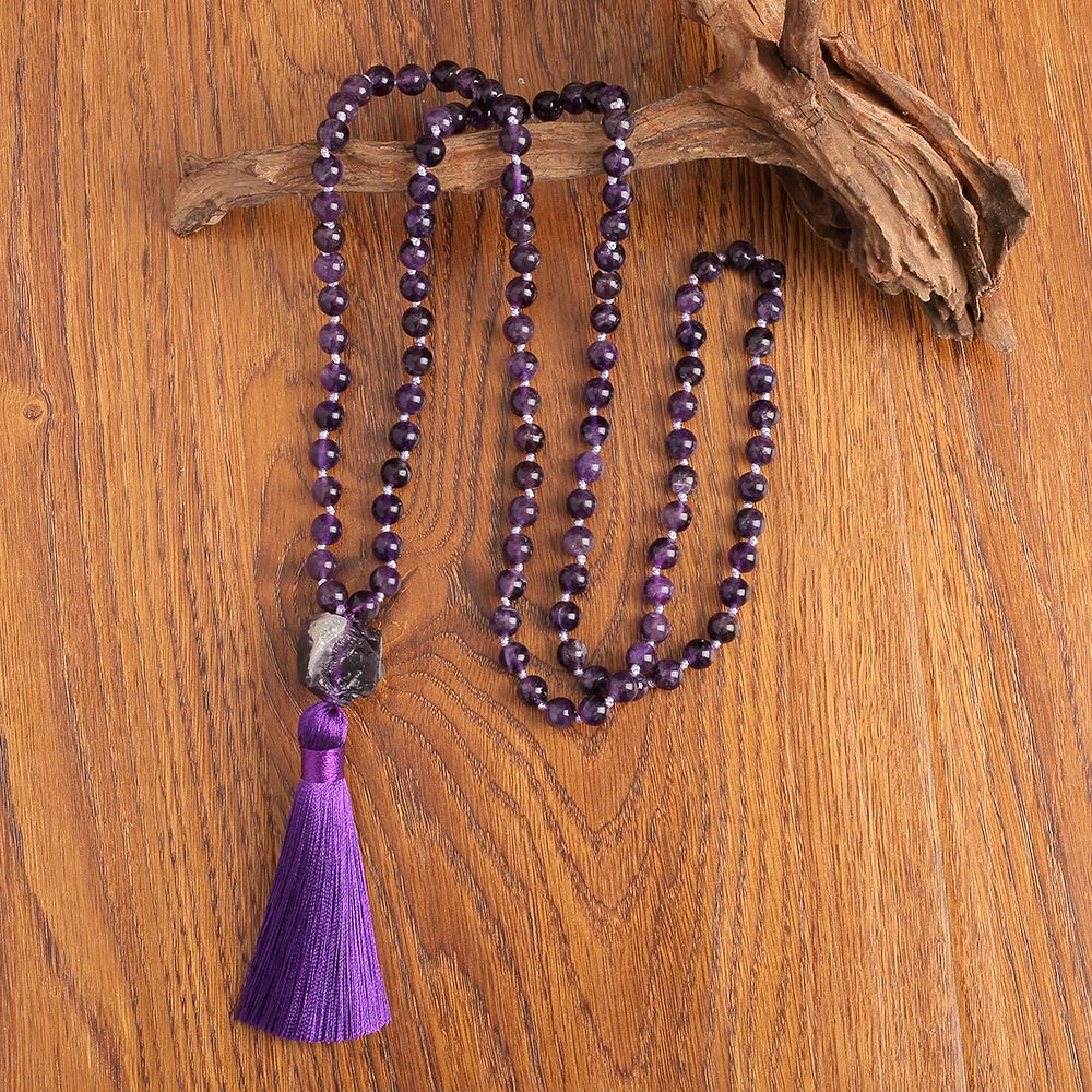 Natural Amethyst 108 Knotted Mala Beads Necklace With Tassel Guru Bead 1005004448207933-al
