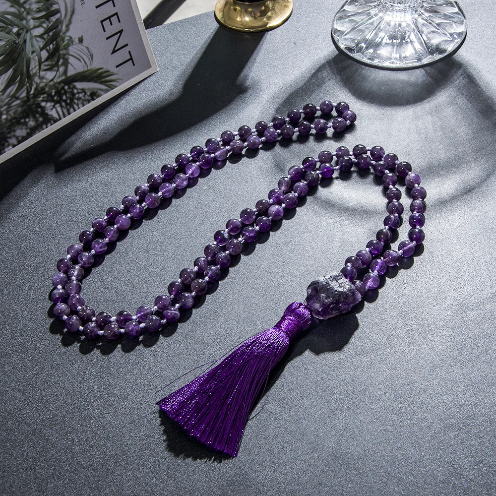 Natural Amethyst 108 Knotted Mala Beads Necklace With Tassel Guru Bead 1005004448207933-al