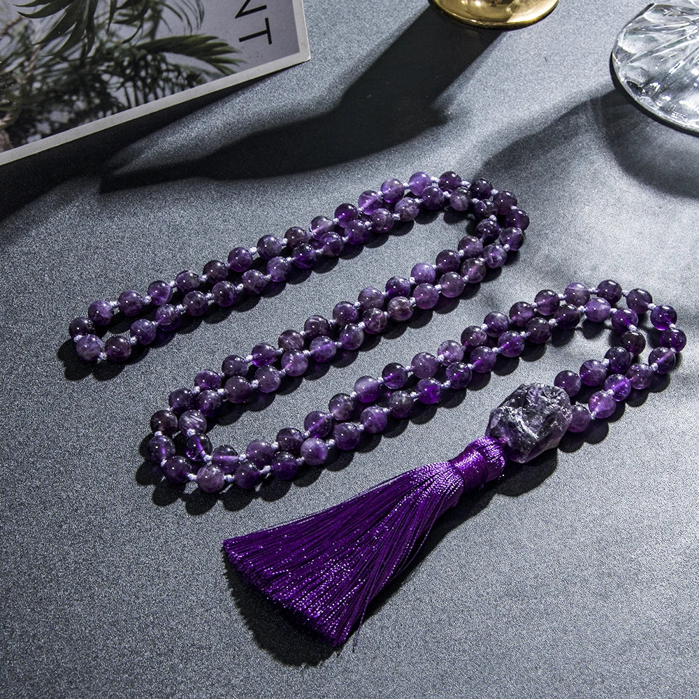 Natural Amethyst 108 Knotted Mala Beads Necklace With Tassel Guru Bead 1005004448207933-al