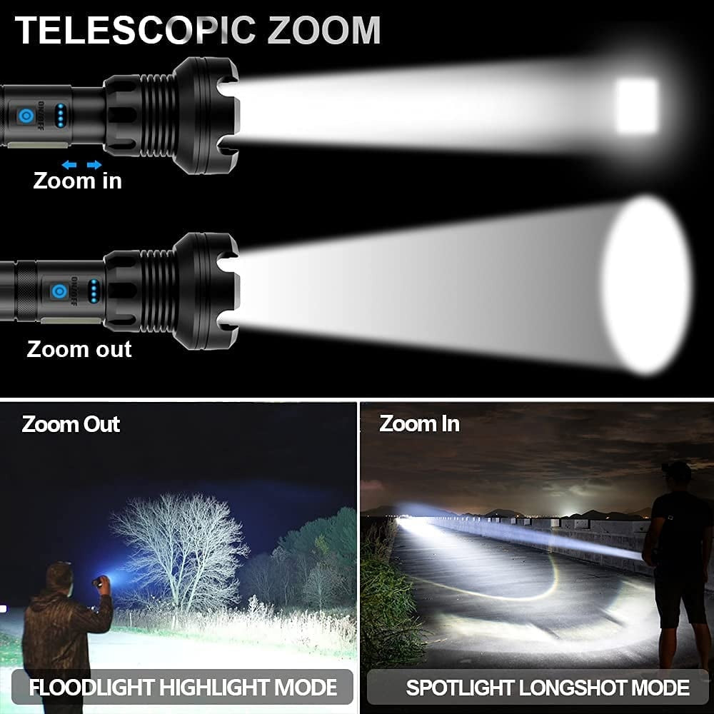 Rechargeable LED Flashlight 90000 Lumens Waterproof Zoomable for Outdoor Use