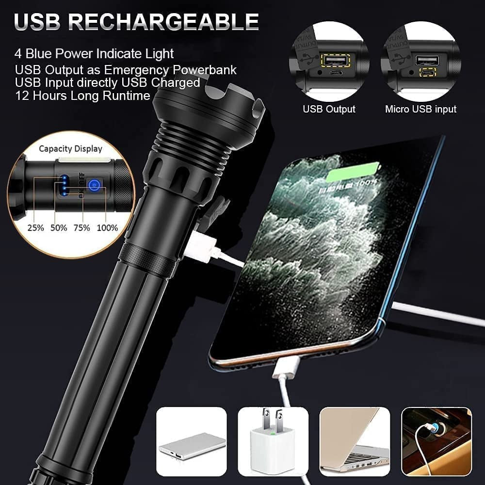 Rechargeable LED Flashlight 90000 Lumens Waterproof Zoomable for Outdoor Use