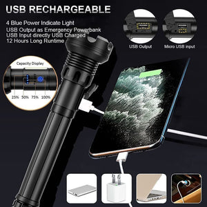 Rechargeable LED Flashlight 90000 Lumens Waterproof Zoomable for Outdoor Use