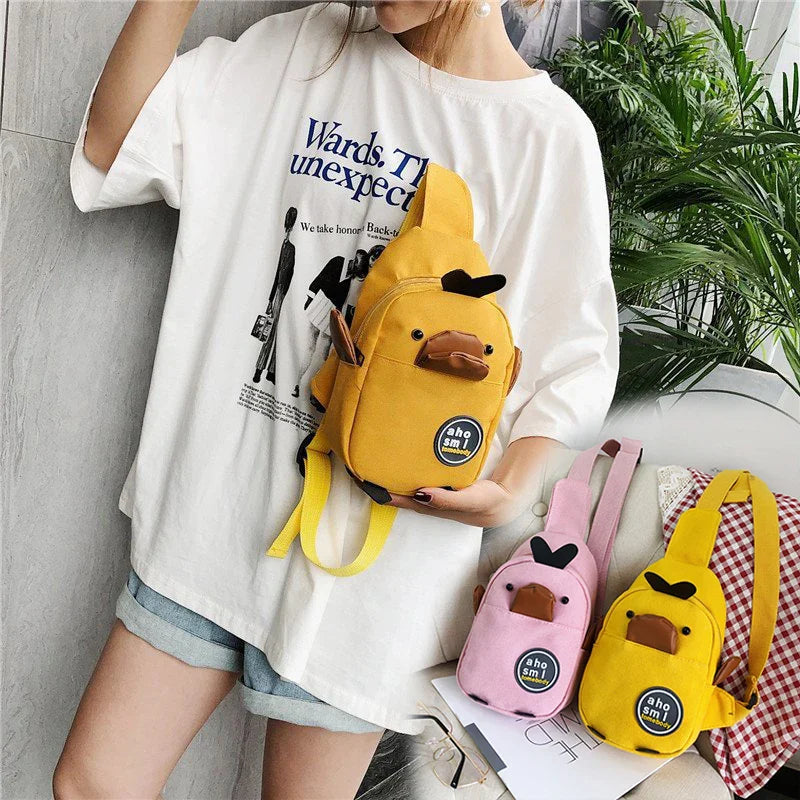 Cute Duck Kids Canvas Crossbody Backpack, High Capacity