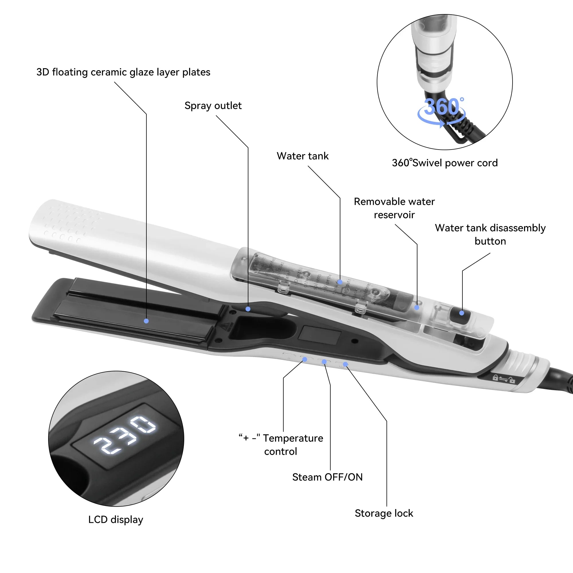 Professional Steam Hair Straightener with Nano Titanium Plates