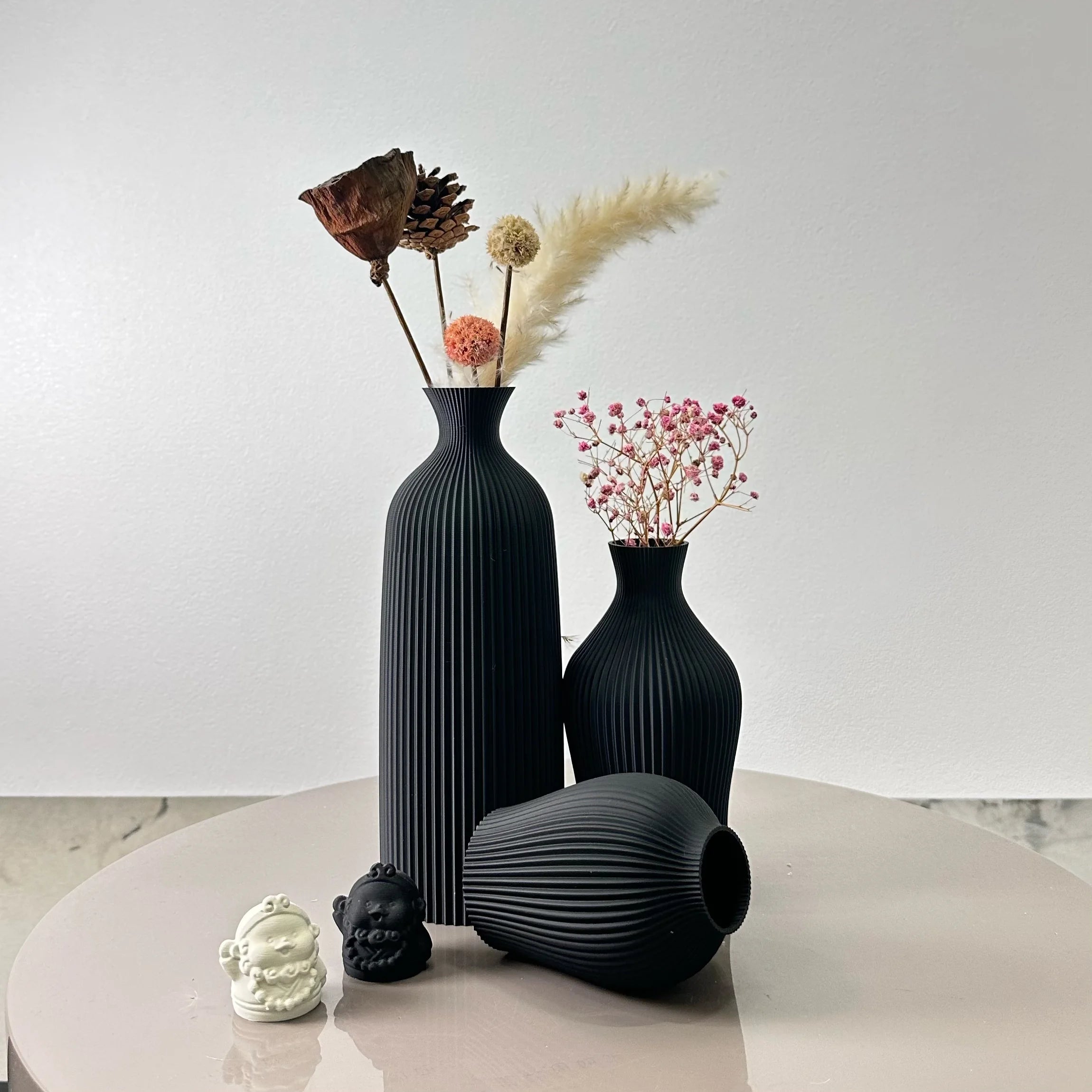 Set Of 3 Decorative Plastic Vases With Ribbed Texture For Dry Flowers 1005008531587570-black