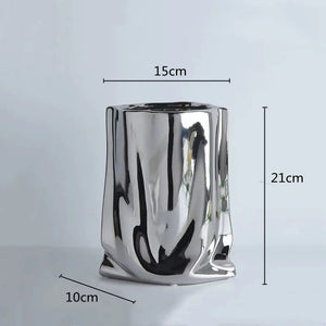 Silver Ruffled Ceramic Porcelain Bag Shape Tabletop Flower Vase Decor 1005005386512399-silver-L