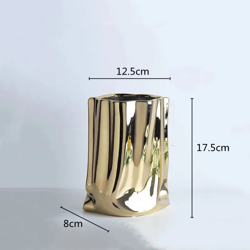 Silver Ruffled Ceramic Porcelain Bag Shape Tabletop Flower Vase Decor 1005005386512399-silver-L
