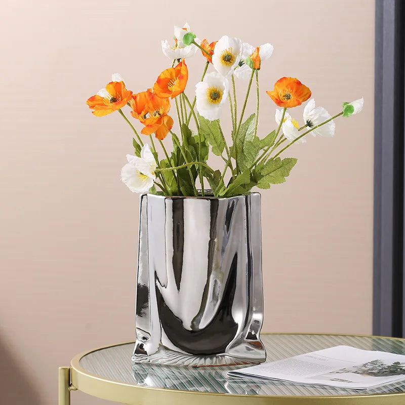 Silver Ruffled Ceramic Porcelain Bag Shape Tabletop Flower Vase Decor 1005005386512399-silver-L
