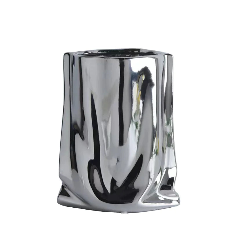 Silver Ruffled Ceramic Porcelain Bag Shape Tabletop Flower Vase Decor 1005005386512399-silver-L