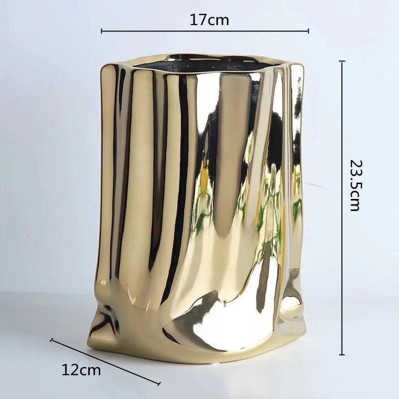 Silver Ruffled Ceramic Porcelain Bag Shape Tabletop Flower Vase Decor 1005005386512399-silver-L