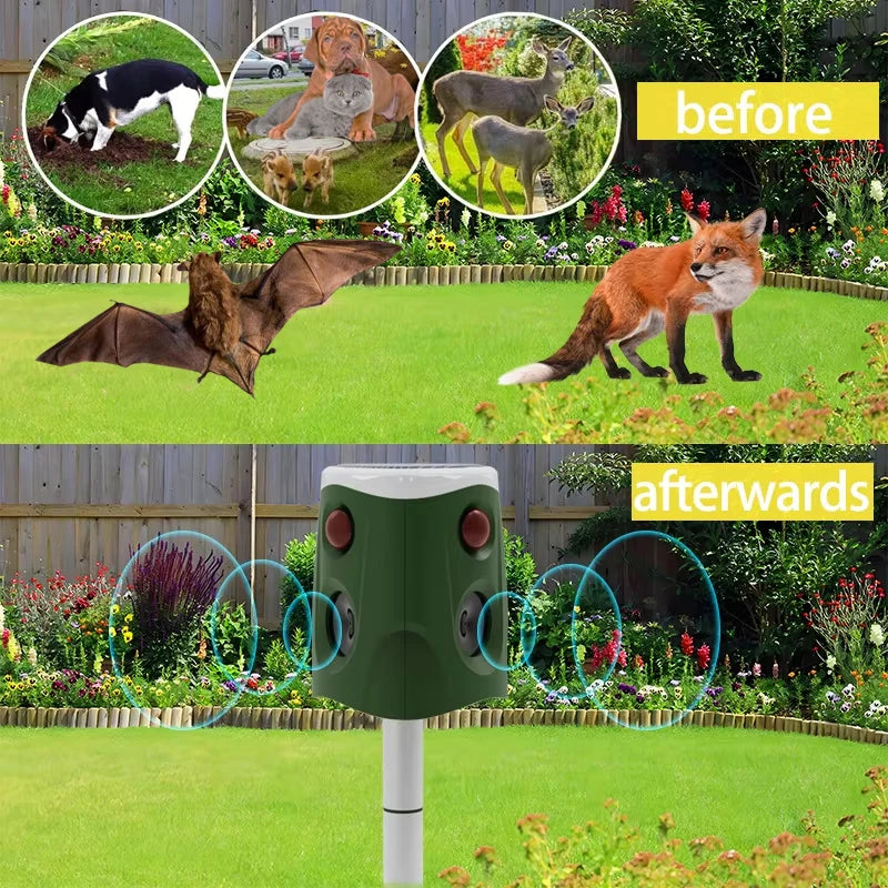 Solar Powered Ultrasonic Animal Repellent With Pir Sensor And Flashing Lights 1005007635995065-al