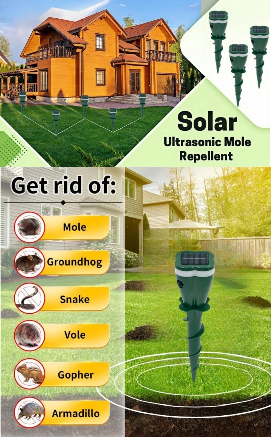 Solar Powered Ultrasonic Vibrating Pest Repellent Stakes For Lawn Garden 1005009897244102-4PCS