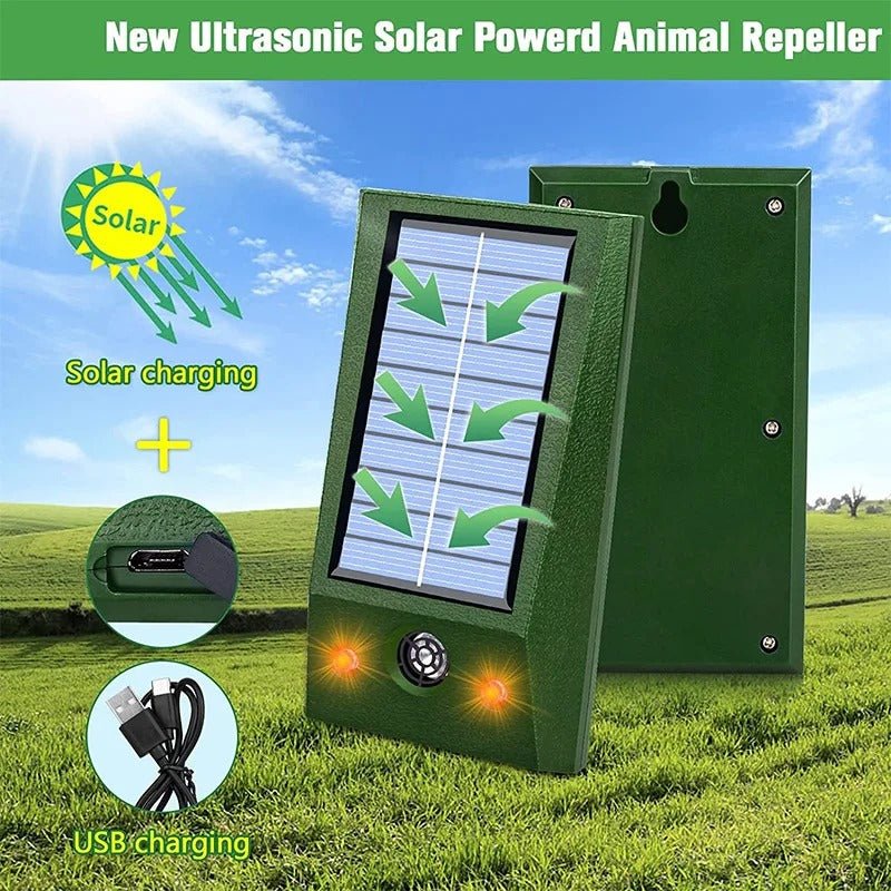 Solar Ultrasonic Animal Repeller for Outdoor Use with LED Flashing Light and Waterproof Design
