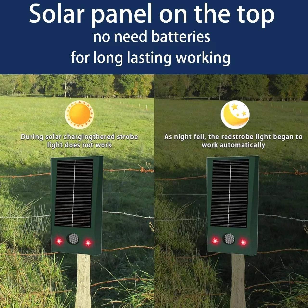 Solar Ultrasonic Animal Repeller for Outdoor Use with LED Flashing Light and Waterproof Design