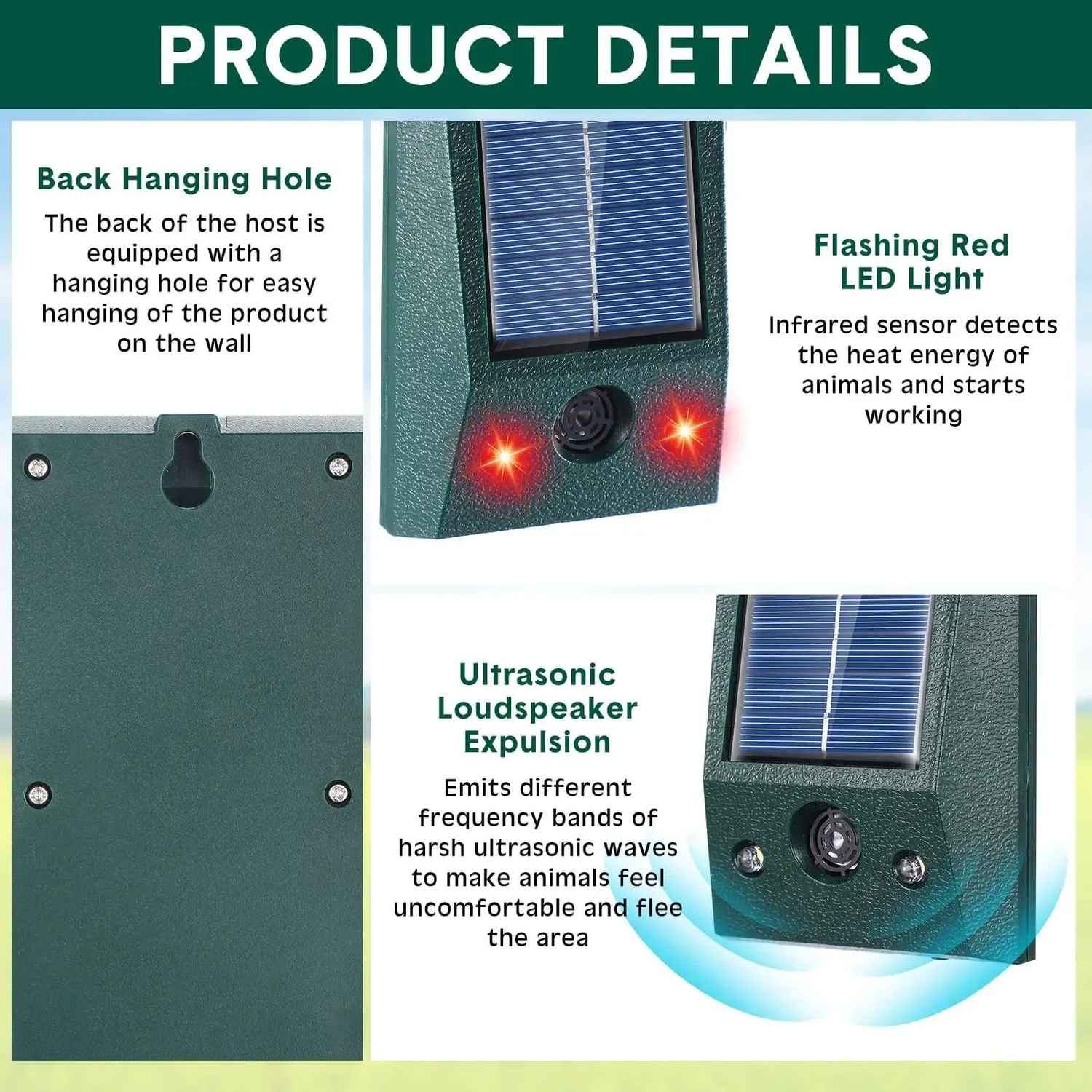 Solar Ultrasonic Animal Repeller for Outdoor Use with LED Flashing Light and Waterproof Design