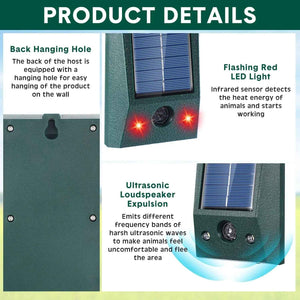 Solar Ultrasonic Animal Repeller for Outdoor Use with LED Flashing Light and Waterproof Design