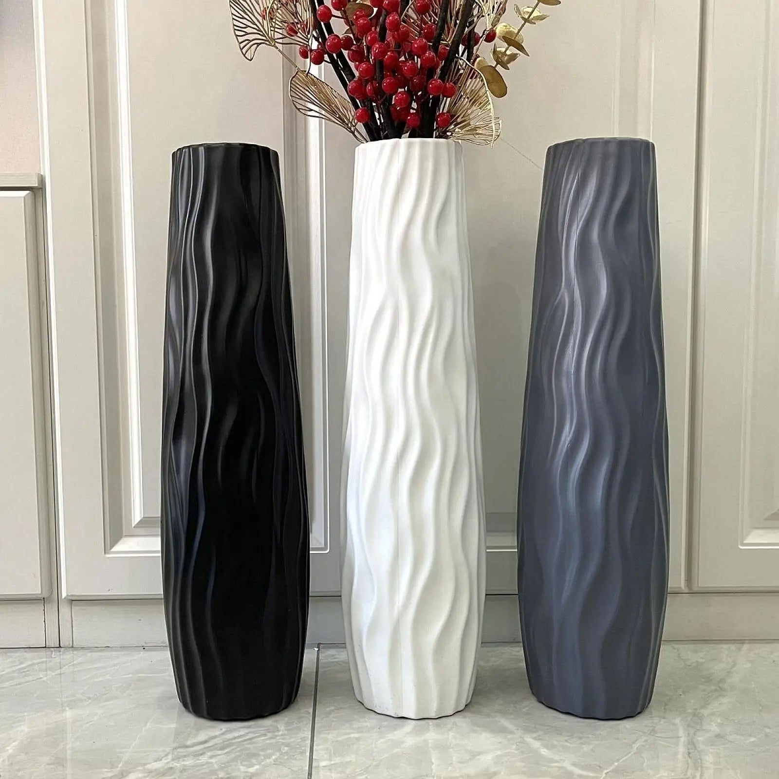 Tall Textured Floor Vase Plastic Cylinder Decor For Branches And Flowers 1005009935687657-Black