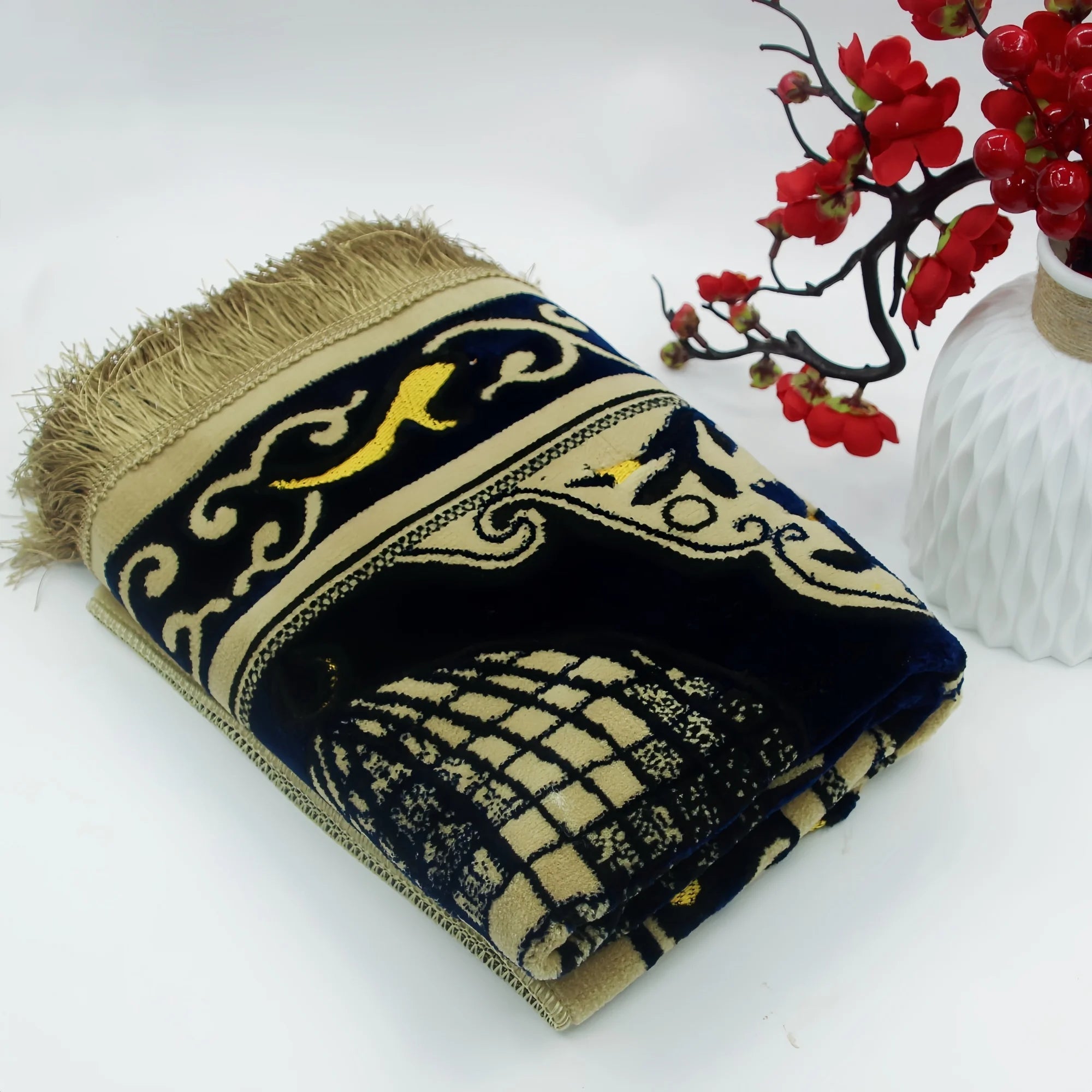 Velvet Floral Prayer Rug Thick Soft Anti Slip Cotton Travel Mat 1005010560350345-Blue