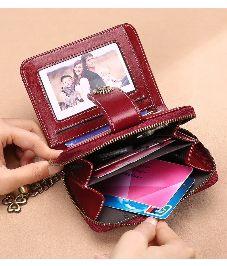Women Short Cowhide Leather Wallet With Chain, Valentines Gifts For Her 1005004210360653-E