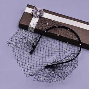 Rhinestone Veil And Mesh Headband, Black And White Bridal Headwear
