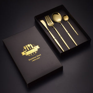 4Pcs Gold Black Dinnerware Set Stainless Steel Luxury Cutlery Set