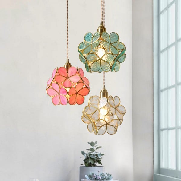 Modern Brass Flower Glass Pendant Light