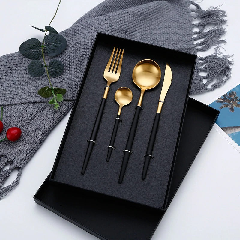 4Pcs Gold Black Dinnerware Set Stainless Steel Luxury Cutlery Set