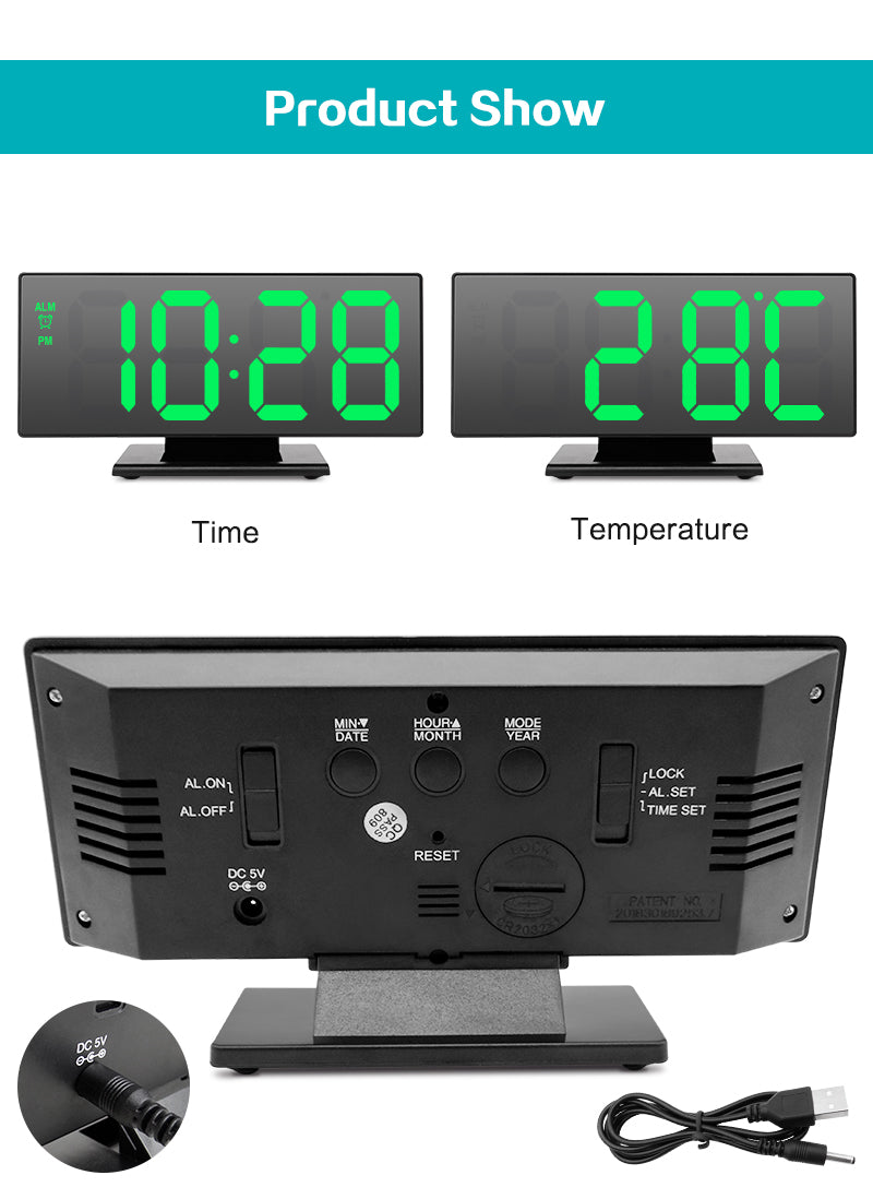 LED Mirror Digital Alarm Clock Electronic Watch Multifunction